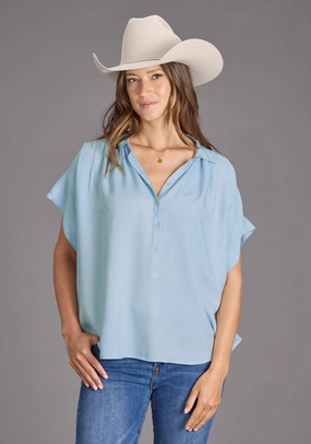 Stetson Womens 2437 1/2 Button Placket Powder Blue 100% Rayon S/S Blouse youth trend Checkered Look
