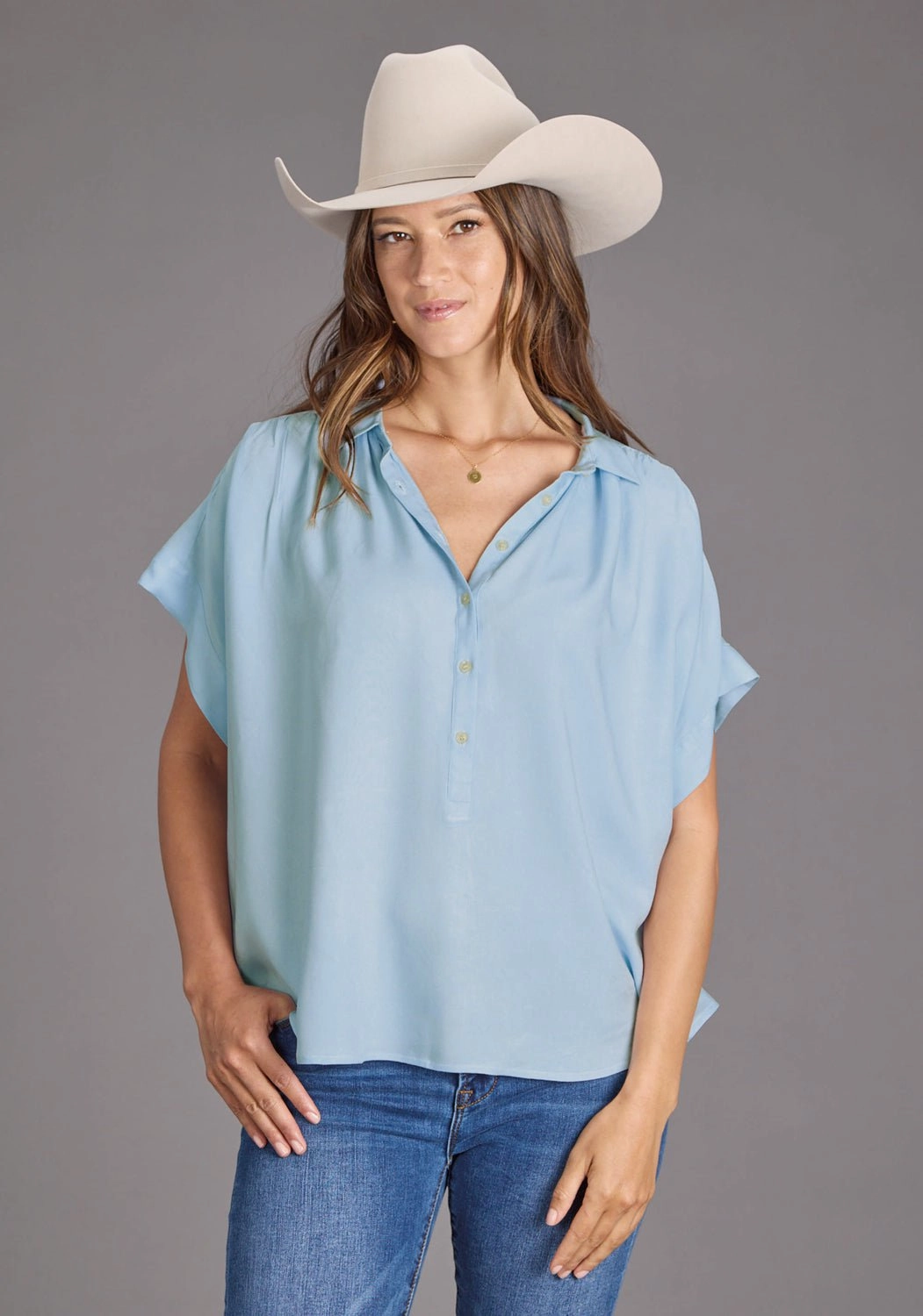Stetson Womens 2437 1/2 Button Placket Powder Blue 100% Rayon S/S Blouse Smart Look