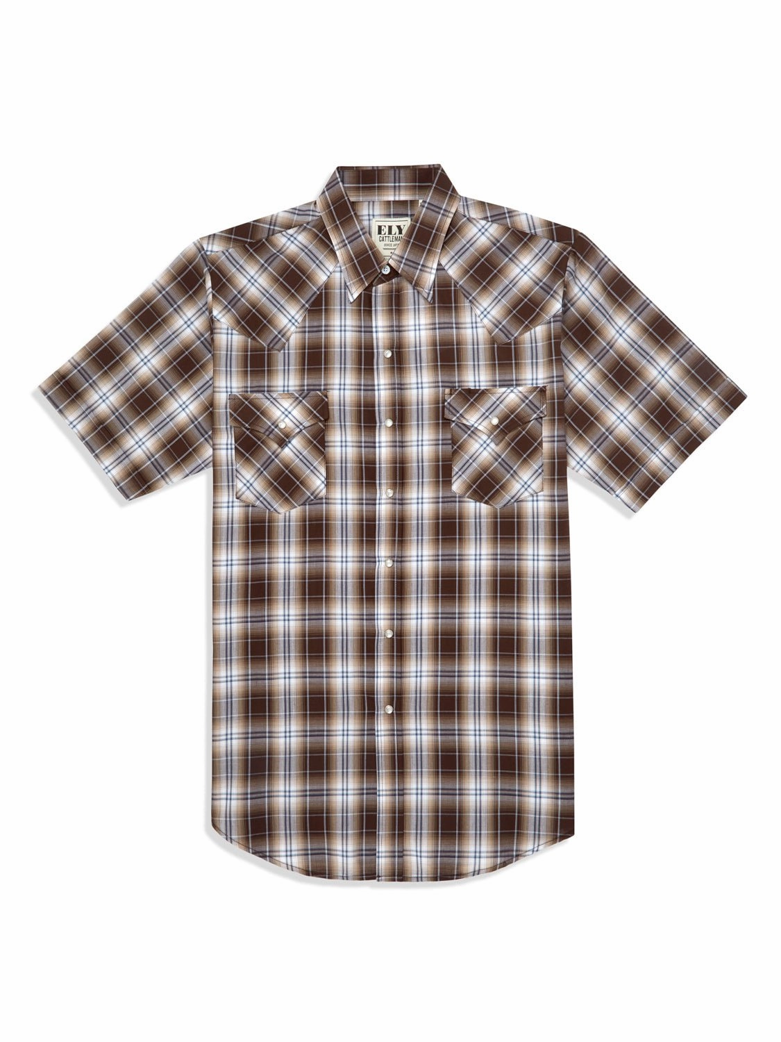 Ely and Walker Mens Plaid Snap Brown Poly/Cotton S/S Shirt Sophisticated Style