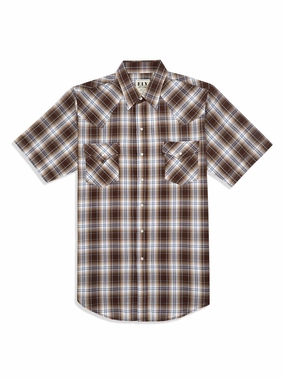Ely and Walker Mens Plaid Snap Brown Poly/Cotton S/S Shirt Sophisticated Style