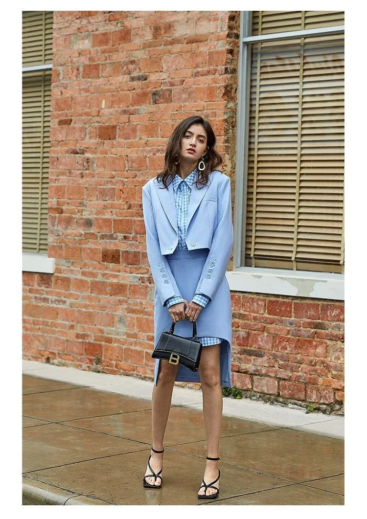 Skirt Suit   Jacket Short Mini Skirt Fashion Two - Piece Sets light blue suit - Hemi