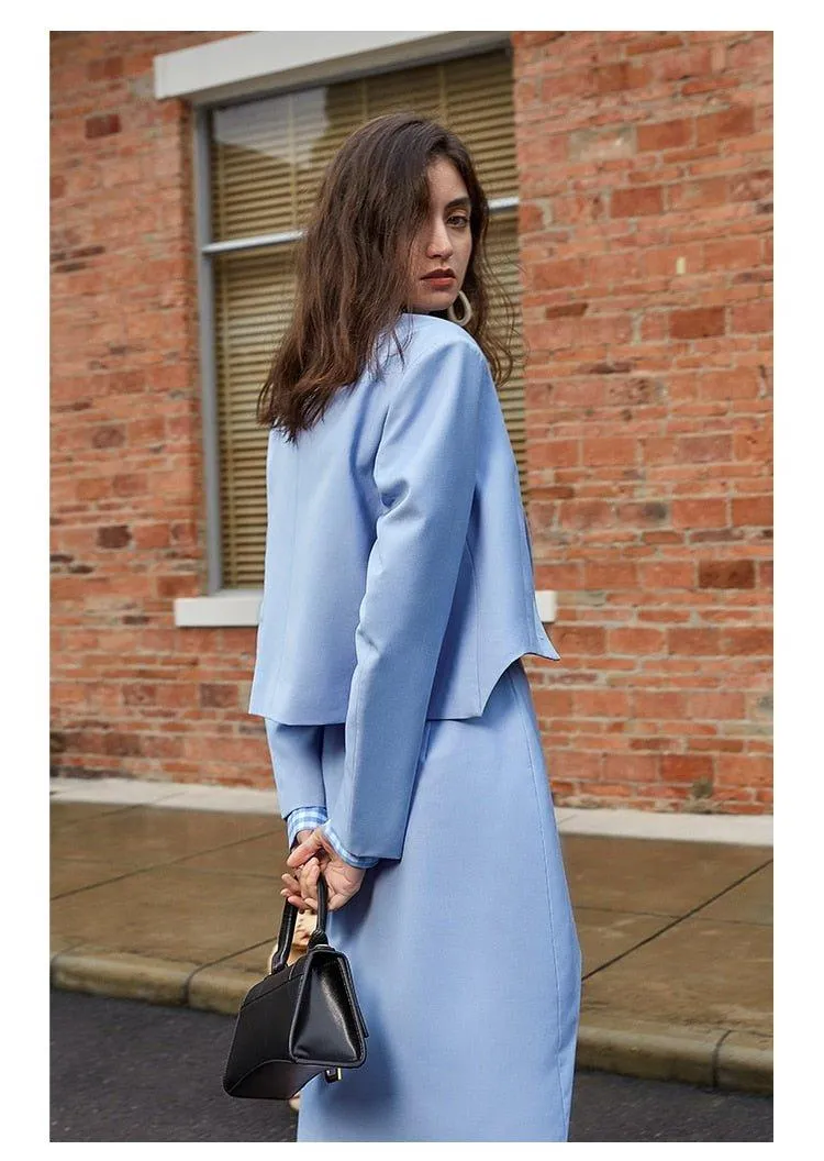 Skirt Suit   Jacket Short Mini Skirt Fashion Two - Piece Sets light blue suit - Hemi