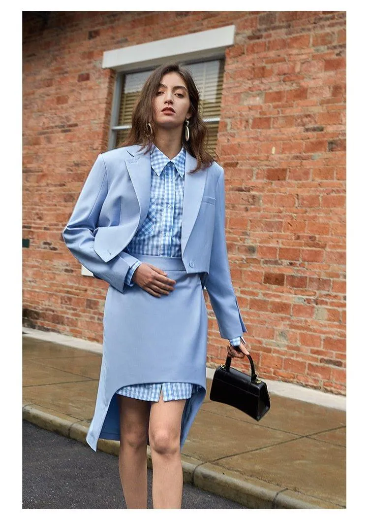 Skirt Suit   Jacket Short Mini Skirt Fashion Two - Piece Sets light blue suit - Hemi