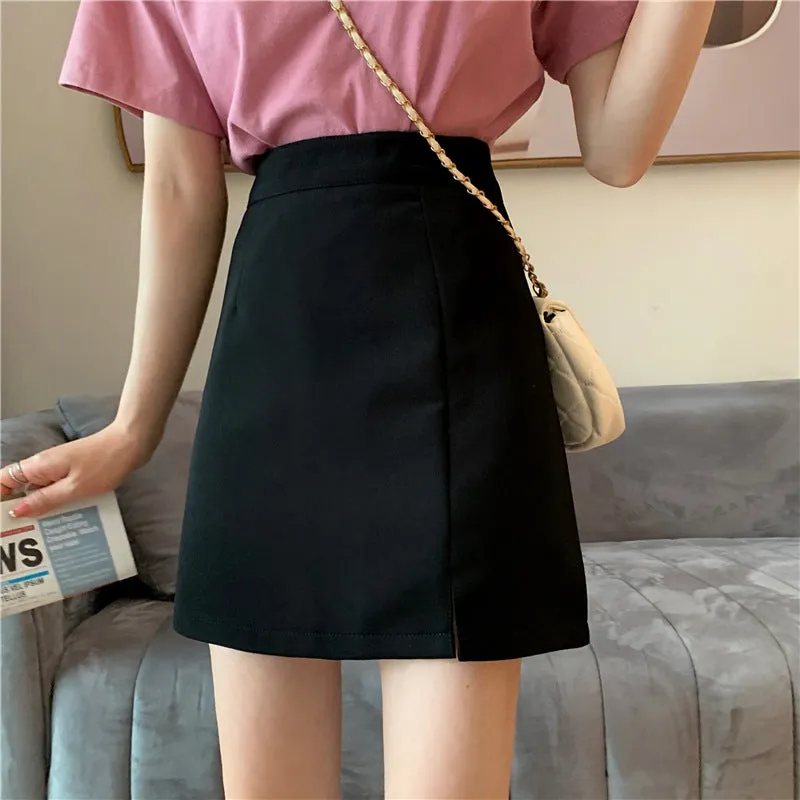 Skirt Women Summer Trendy Casual Hip Flattering Korean High Waist Slim Look Splitted Black A-Line Skirt