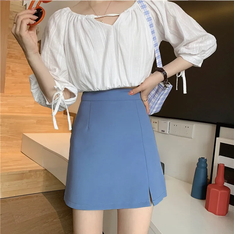 Skirt Women Summer Trendy Casual Hip Flattering Korean High Waist Slim Look Splitted Black A-Line Skirt