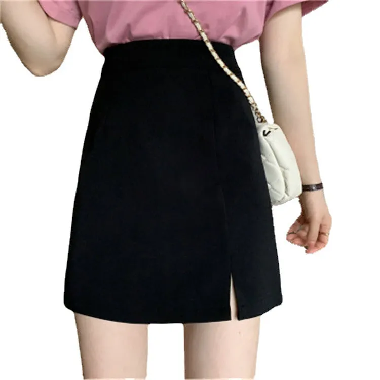Skirt Women Summer Trendy Casual Hip Flattering Korean High Waist Slim Look Splitted Black A-Line Skirt