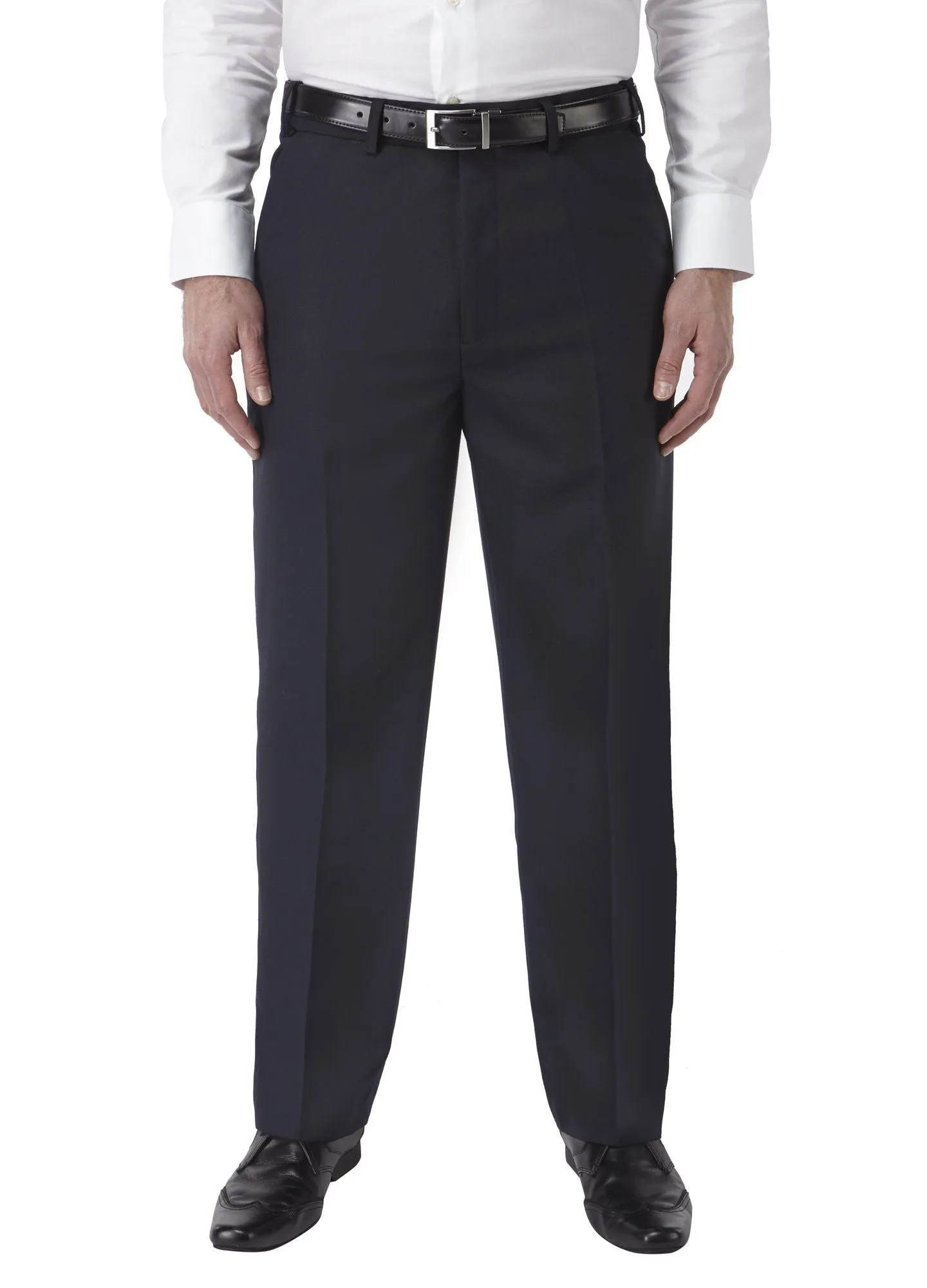 SKOPES Mens Wool Blend Flat Front Trousers in Navy