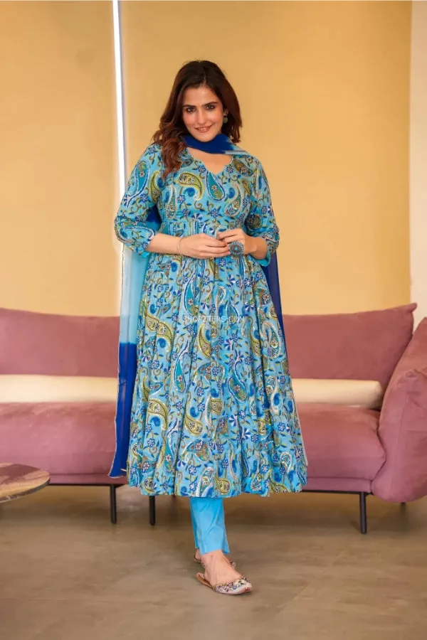 Sky Blue Chinnon Embroidered Suit Set