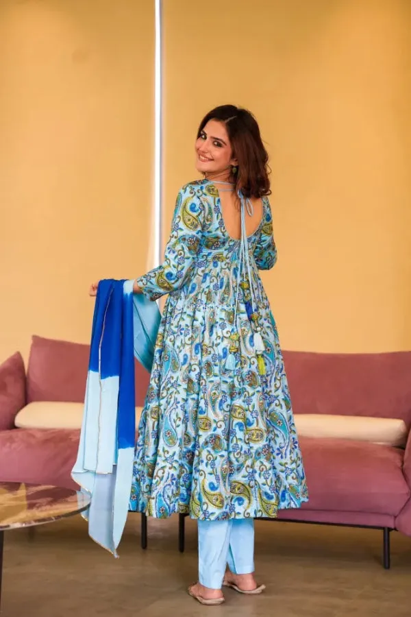 Sky Blue Chinnon Embroidered Suit Set