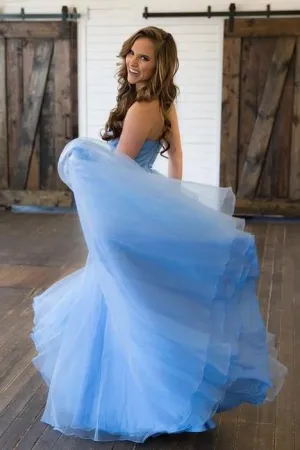 Sky Blue Tulle Long Sweetheart A line Lace Top Prom Dresses PFP0306