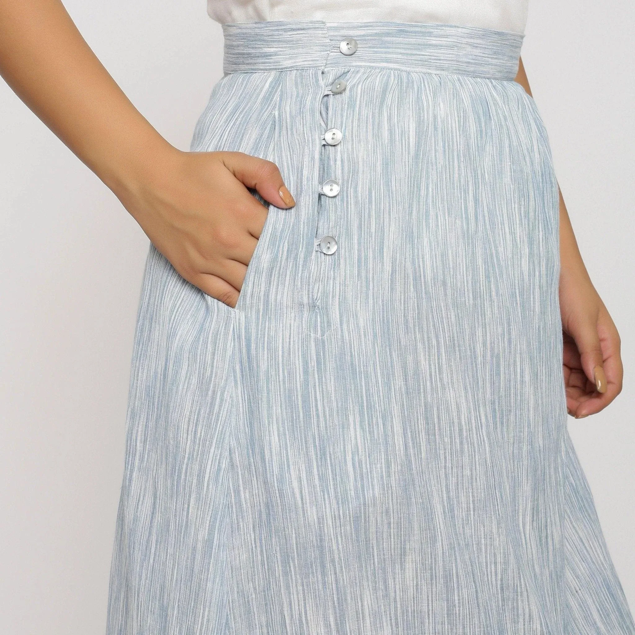Sky Blue Yarn Dyed Cotton Knee Length High-Low Skirt