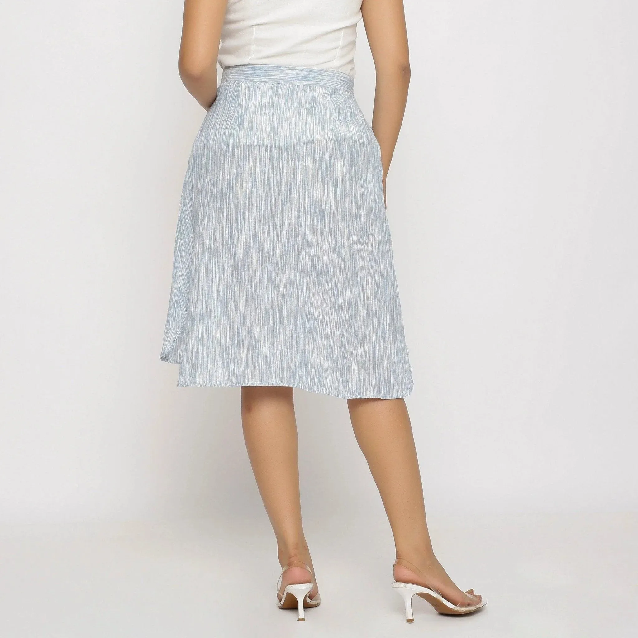 Sky Blue Yarn Dyed Cotton Knee Length High-Low Skirt