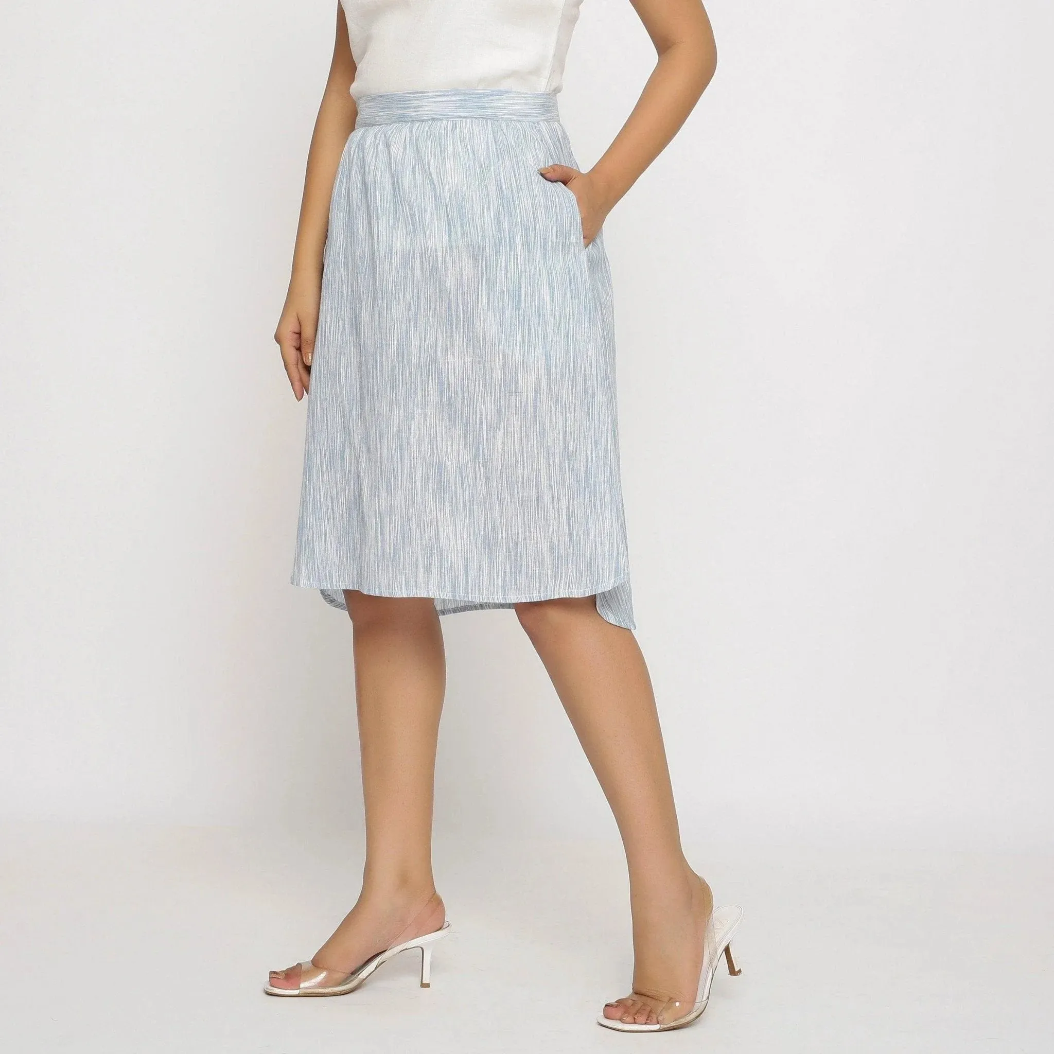 Sky Blue Yarn Dyed Cotton Knee Length High-Low Skirt