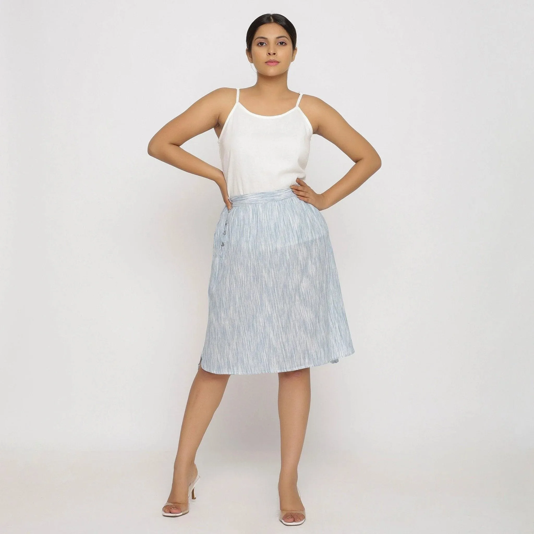 Sky Blue Yarn Dyed Cotton Knee Length High-Low Skirt