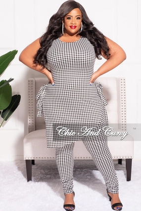 Comfy Active On The Move Final Sale Plus Size 2pc Sleeveless Top and Pants Set in Black and White Houndstooth Print