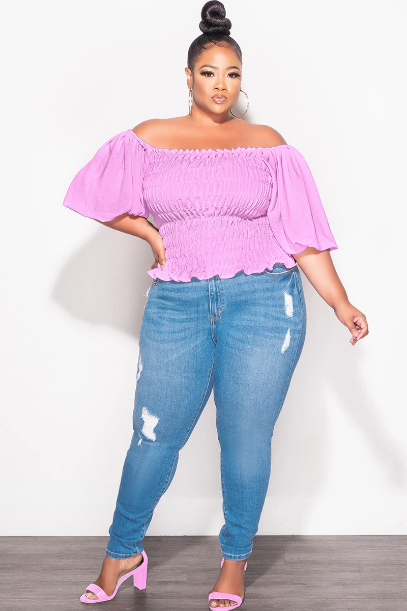 TemperatureRegulation Organic Cotton Blend Final Sale Plus Size Off the Shoulder Smocked Top in Lavender
