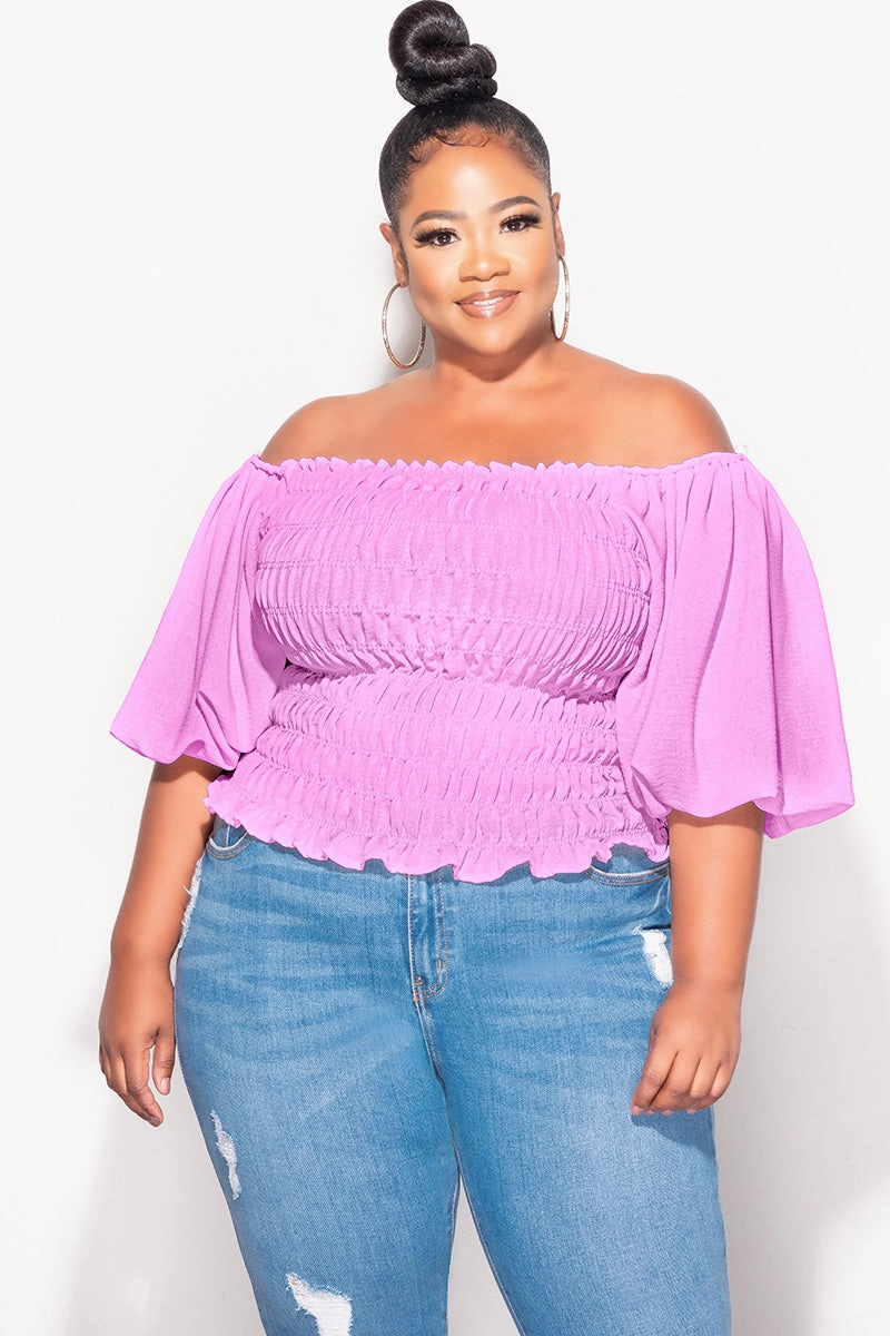 Adjustable drawstring Final Sale Plus Size Off the Shoulder Smocked Top in Lavender