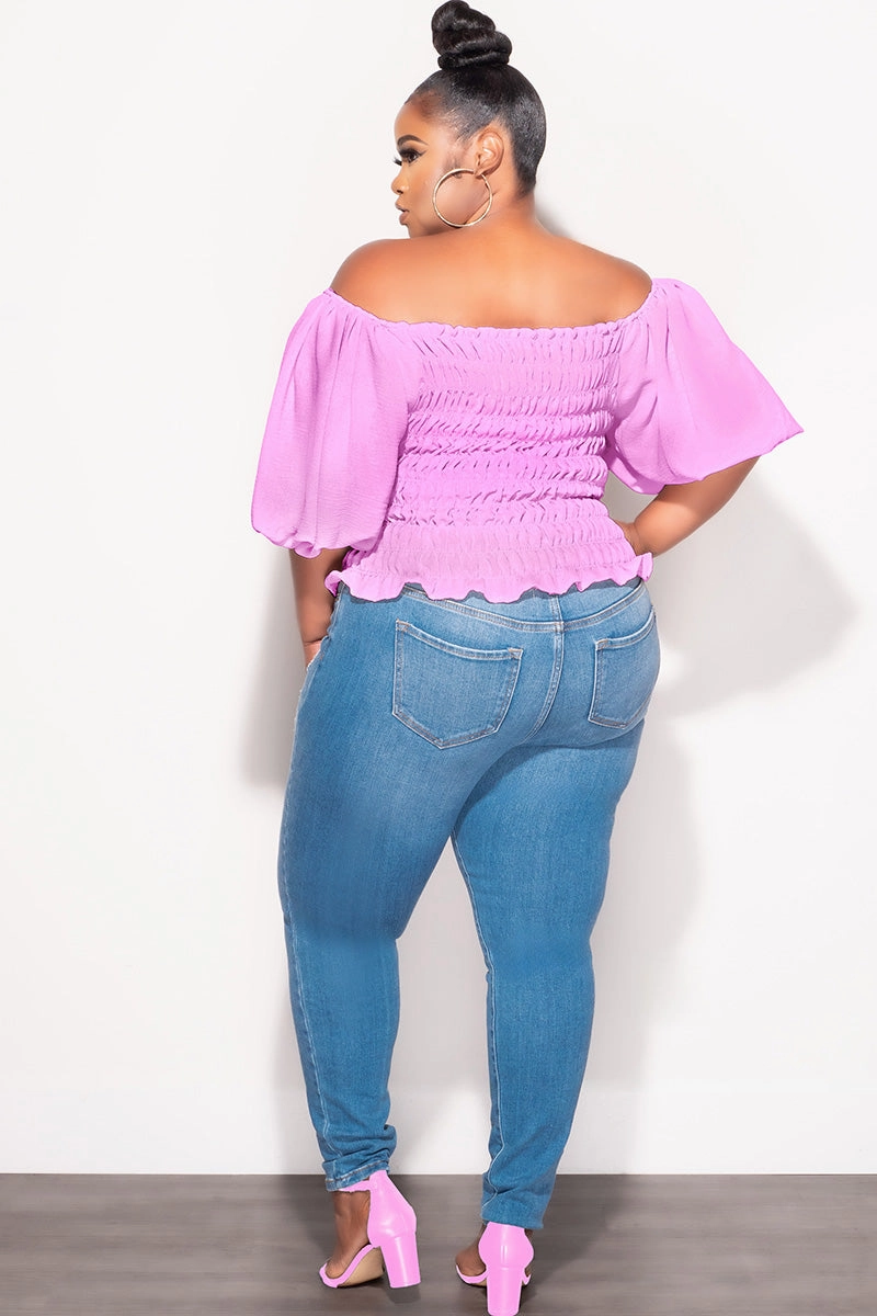 Final Sale Plus Size Off the Shoulder Smocked Top in Lavender Stretchable Design Casual Stretch Wear