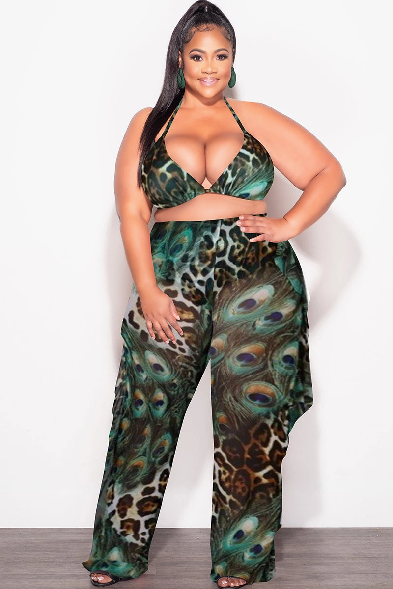 Final Sale Plus Size 3pc Poolside Playsuit Set (Top, High Waist Bottoms & Sheer Ruffle Pants) in Mix Animal Print Comfort Wearable Durable Comfort