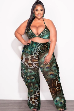 Final Sale Plus Size 3pc Poolside Playsuit Set (Top, High Waist Bottoms & Sheer Ruffle Pants) in Mix Animal Print All Occasion