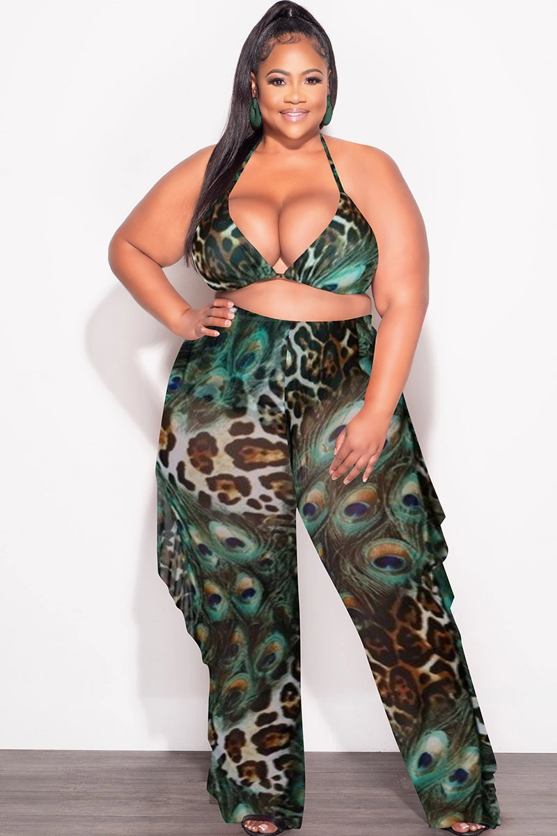 Final Sale Plus Size 3pc Poolside Playsuit Set (Top, High Waist Bottoms & Sheer Ruffle Pants) in Mix Animal Print All Occasion