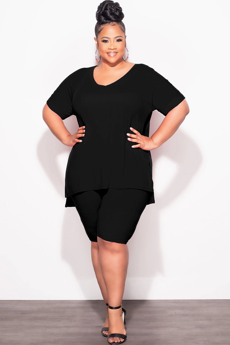 Final Sale Plus Size 2pc V-Neck Tunic Top and Matching Shorts Set in Black Breathable Lining Multi-Purpose Wear