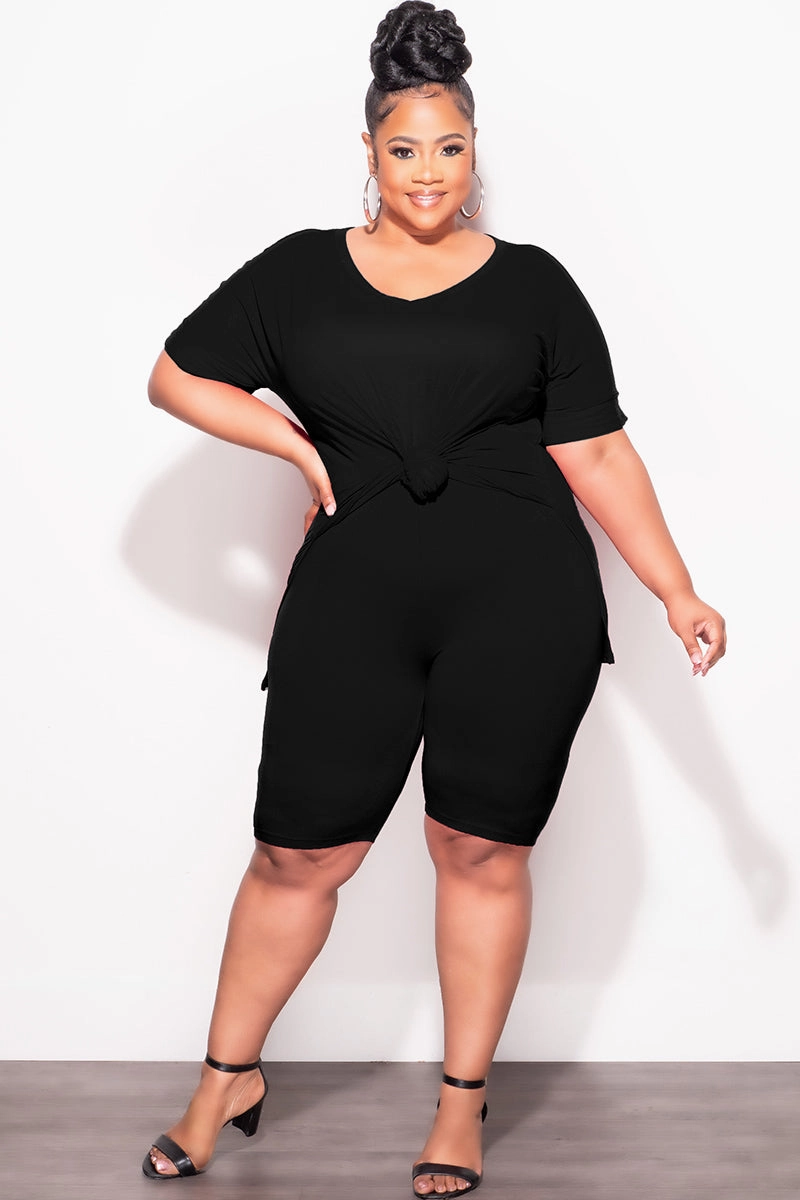 Final Sale Plus Size 2pc V-Neck Tunic Top and Matching Shorts Set in Black Abrasion resistant Zero Waste Manufacturing