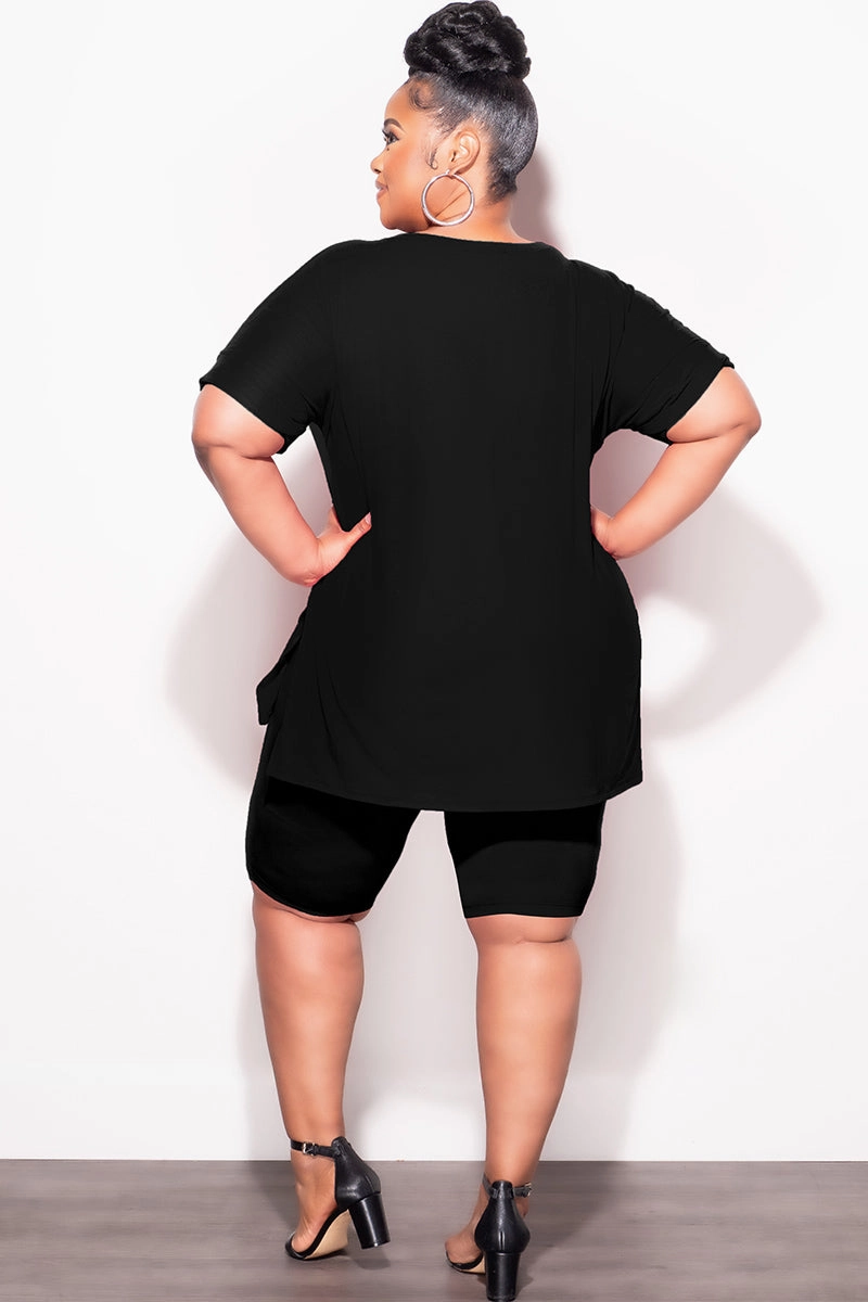 Weekend Adventure Final Sale Plus Size 2pc V-Neck Tunic Top and Matching Shorts Set in Black
