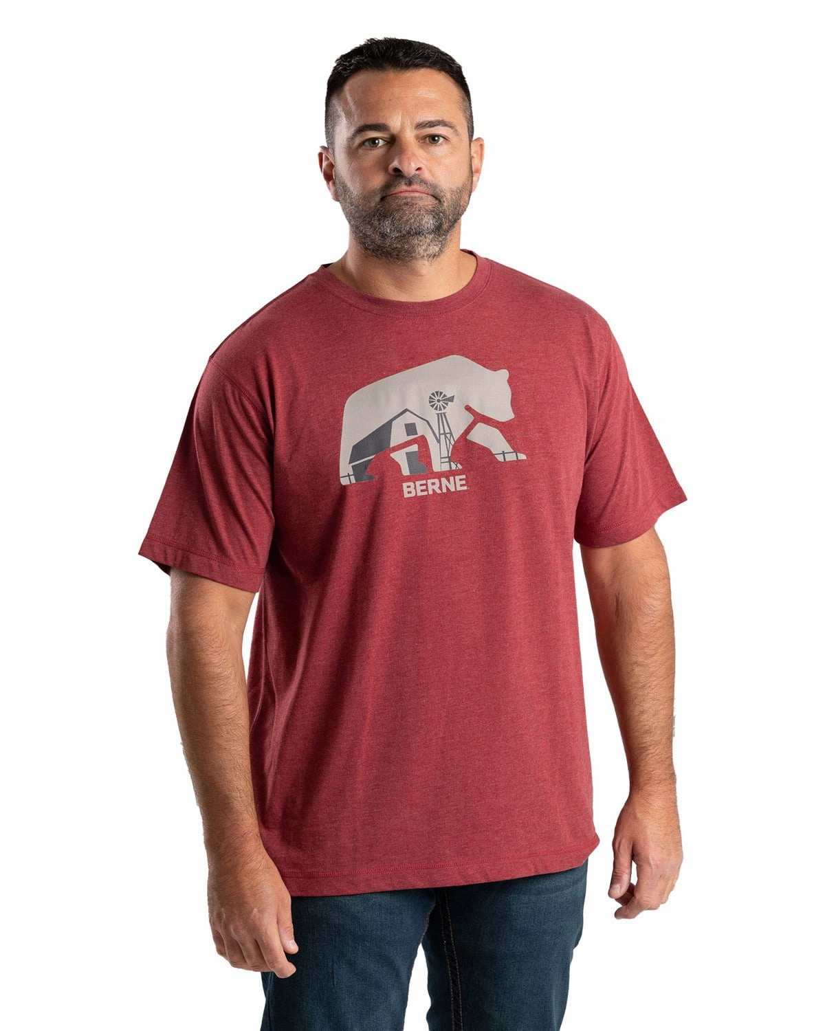 Berne Mens Big Bear Barn Dark Red Cotton Blend S/S T-Shirt Effortless Wearable