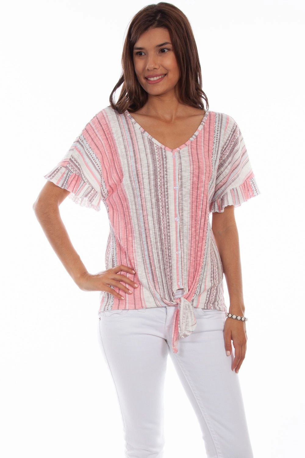 Matte Look Tuckable Hem Scully Womens Clay/Coral Cotton Blend Tie Front S/S Blouse