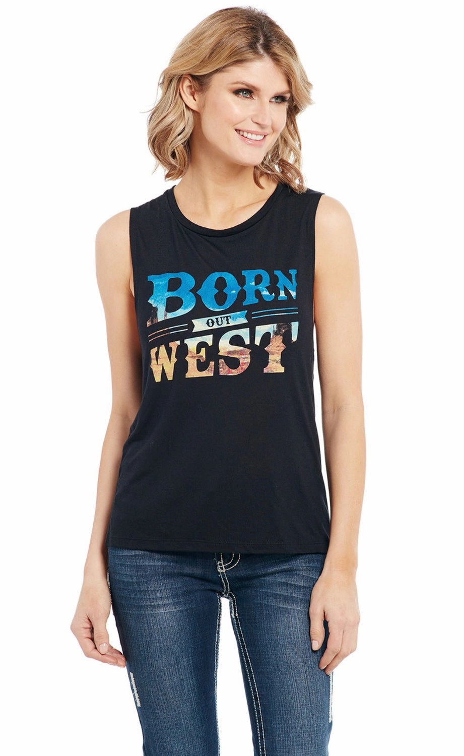 Cowgirl Up Womens Born Out West Muscle Black Polyester S/L T-Shirt Lightweight Material Reinforced Elbow Patches