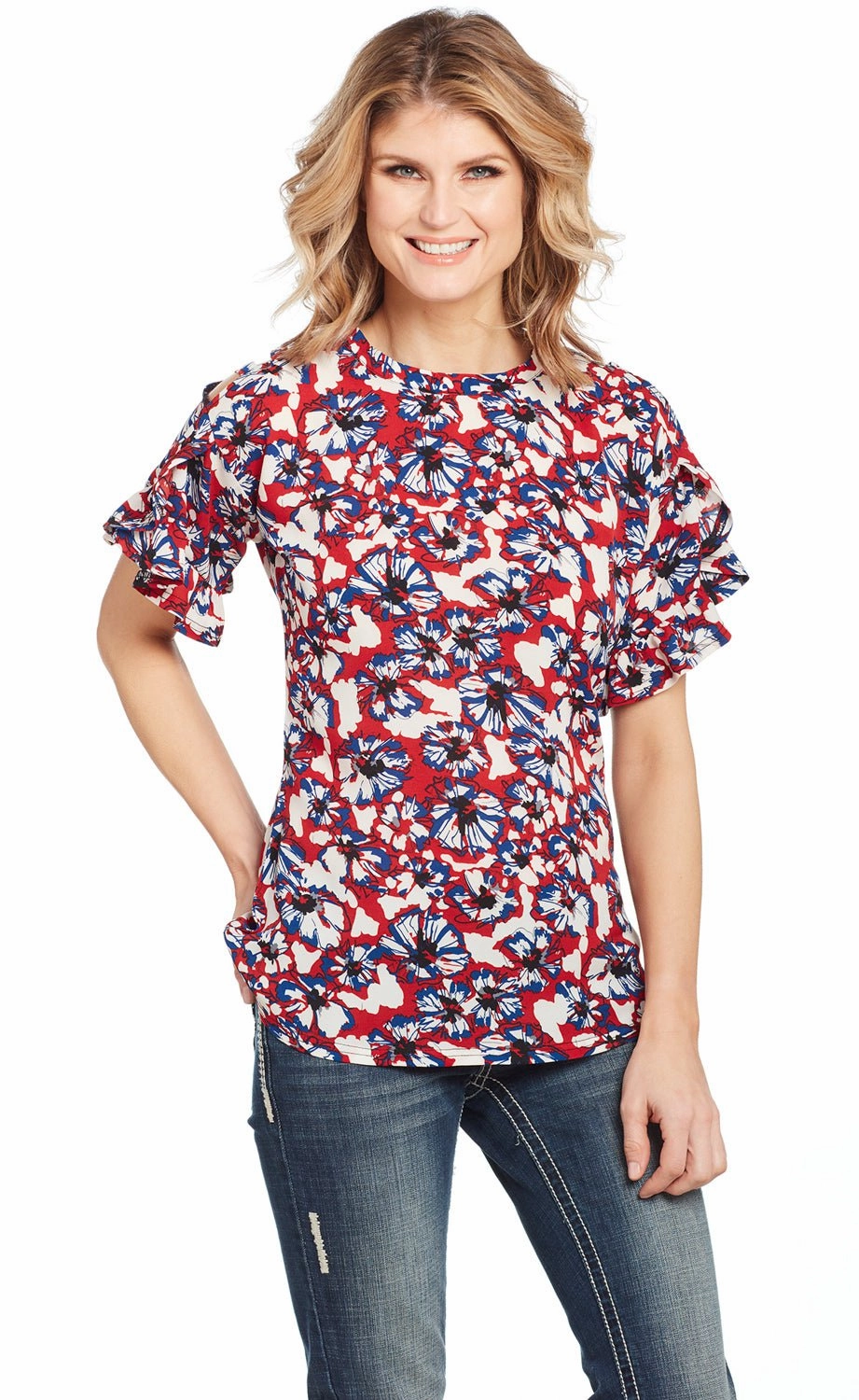 Cowgirl Up Womens Multi-Color Polyester Floral Blouse S/S Stretchable Cloth Country Charm
