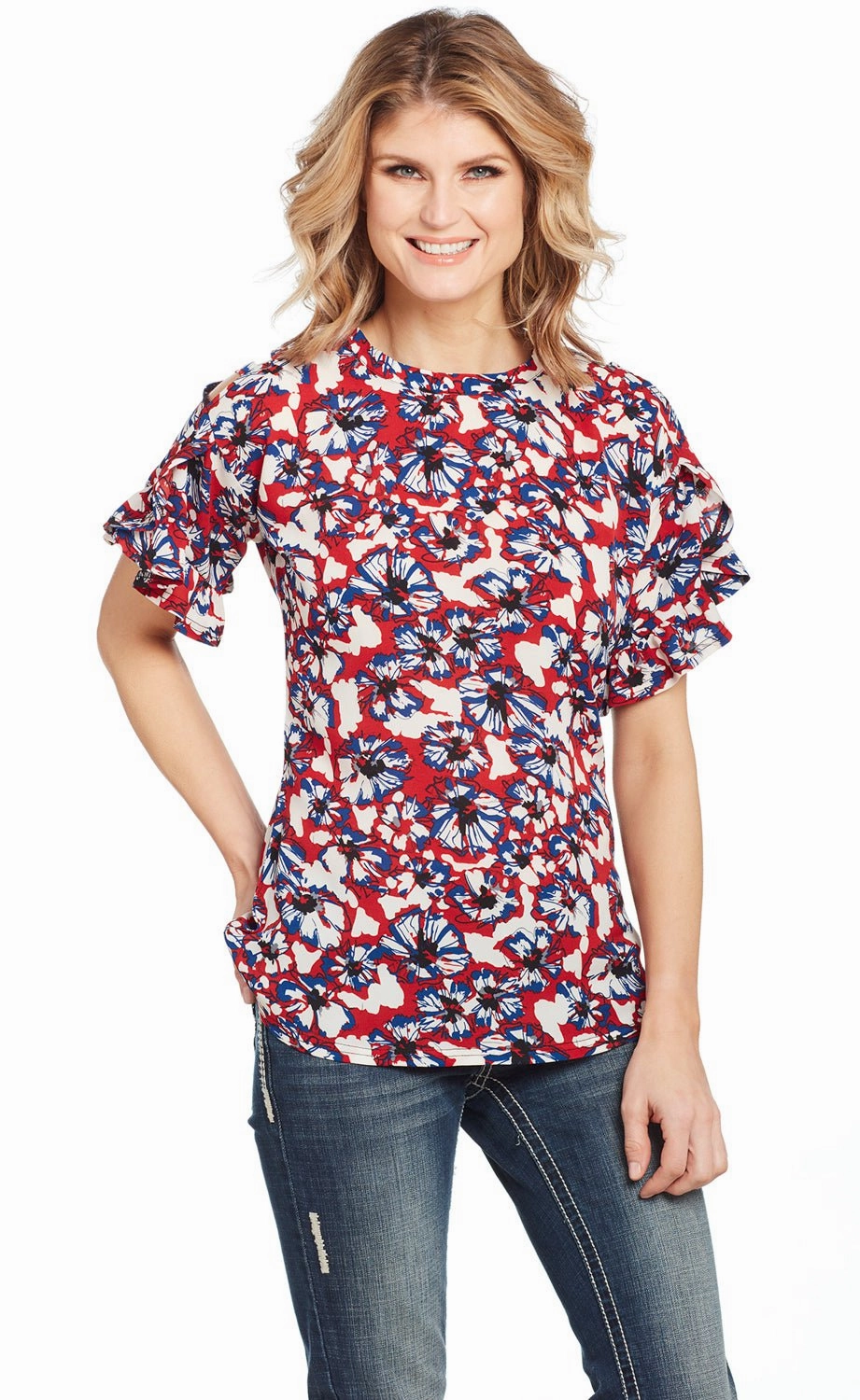 Tear Resistant Reinforcement Cowgirl Up Womens Multi-Color Polyester Floral Blouse S/S