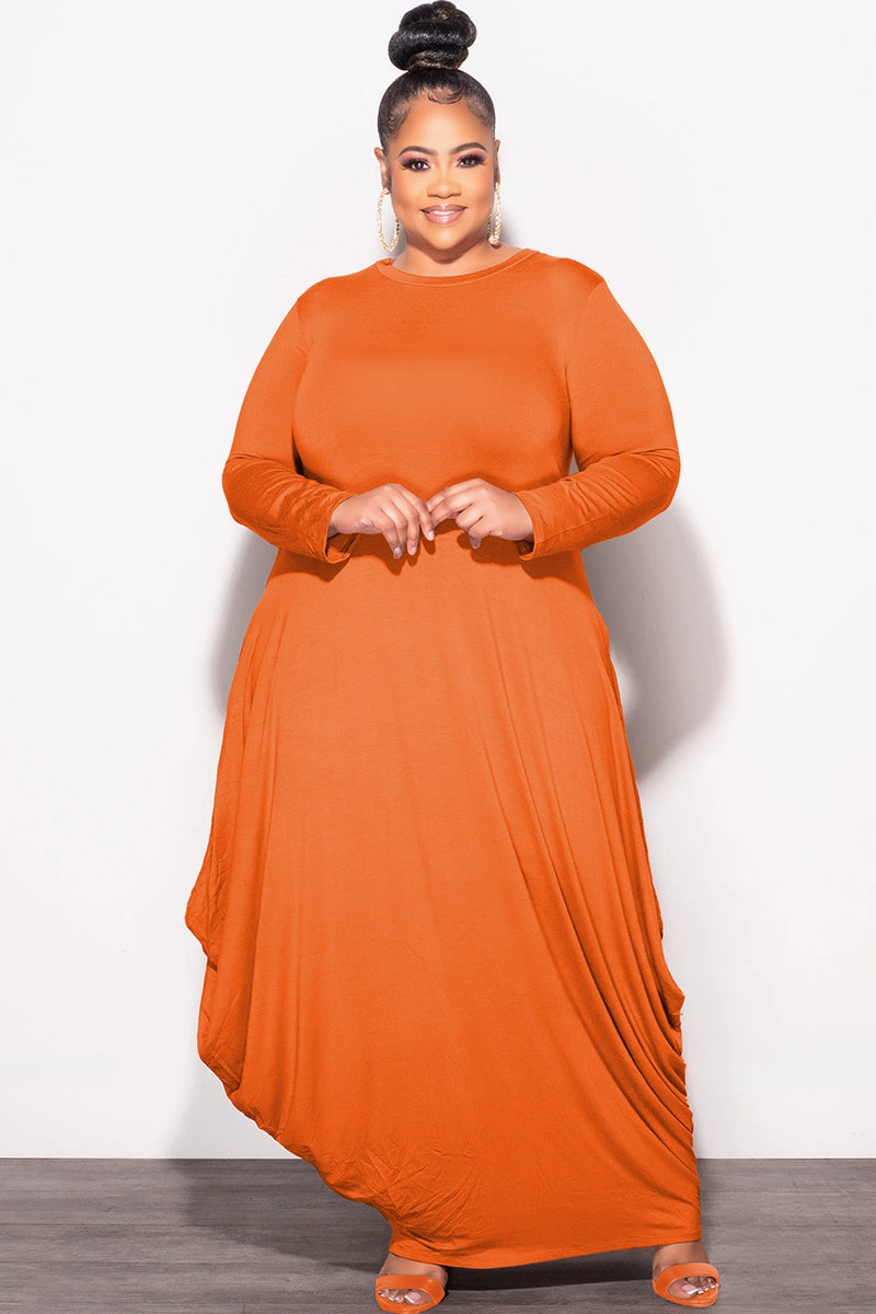 Anti Odor Treatment Final Sale Plus Size Long Sleeve Casual Loose Pocket Dress in Orange