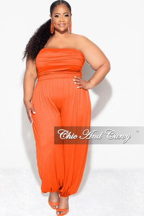 Final Sale Plus Size Strapless Jumpsuit in Orange Double Layered Hem Breathable Mesh Panels