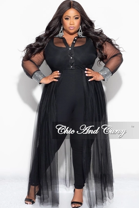 Final Sale Plus Size Rhinestone Cuffs & Collar Button Up Sheer Top in Black Slip Resistant