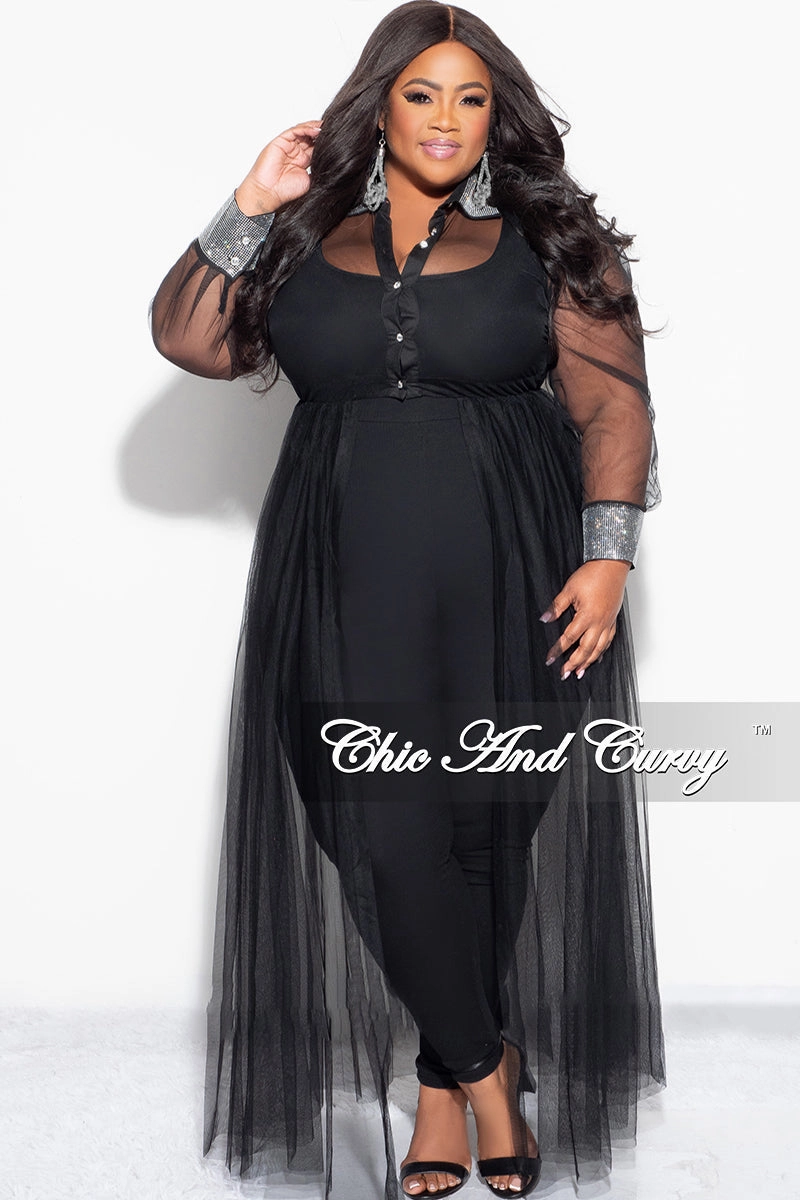 Active Appeal Quick Pack Final Sale Plus Size Rhinestone Cuffs & Collar Button Up Sheer Top in Black