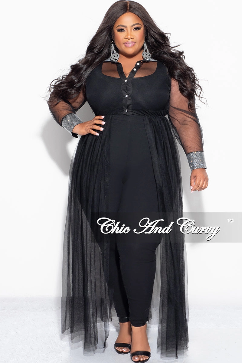 Minimal Vibe Smart Casual Final Sale Plus Size Rhinestone Cuffs & Collar Button Up Sheer Top in Black