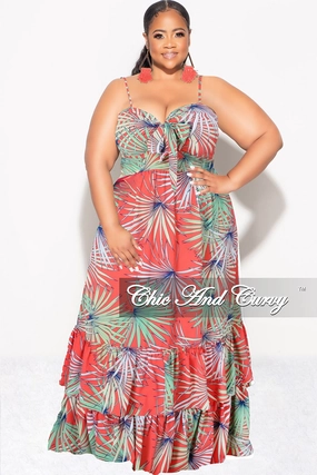 tailored look Final Sale Plus Size Tank Maxi Dress in Chiffon in Tomato, Green & Blue Summer