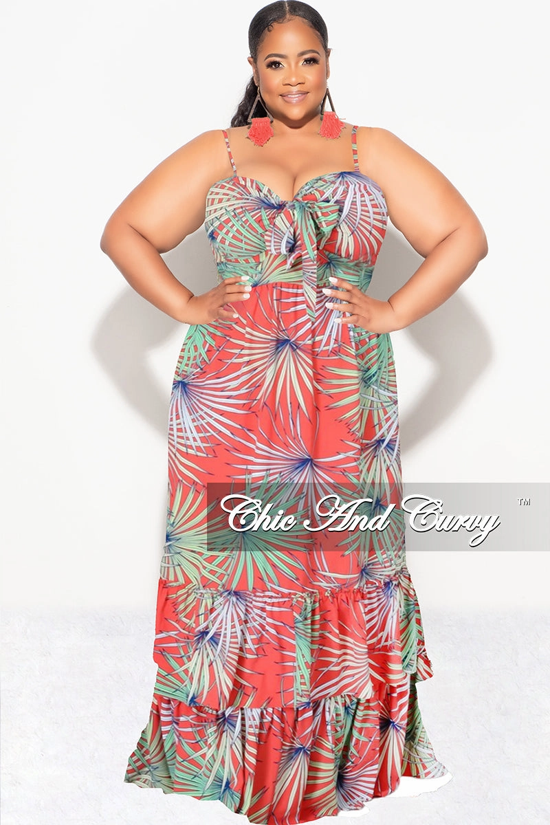 Mesh Lined Final Sale Plus Size Tank Maxi Dress in Chiffon in Tomato, Green & Blue Summer