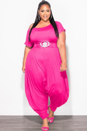 Body Movement Stretch Fit Final Sale Plus Size Harem Jumpsuit in Fuchsia