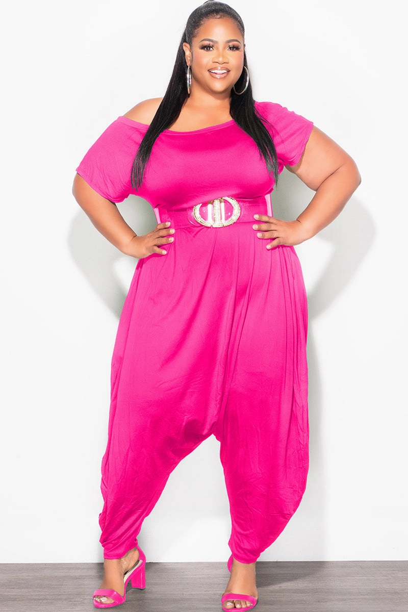 Final Sale Plus Size Harem Jumpsuit in Fuchsia Breathable Weave Fabric