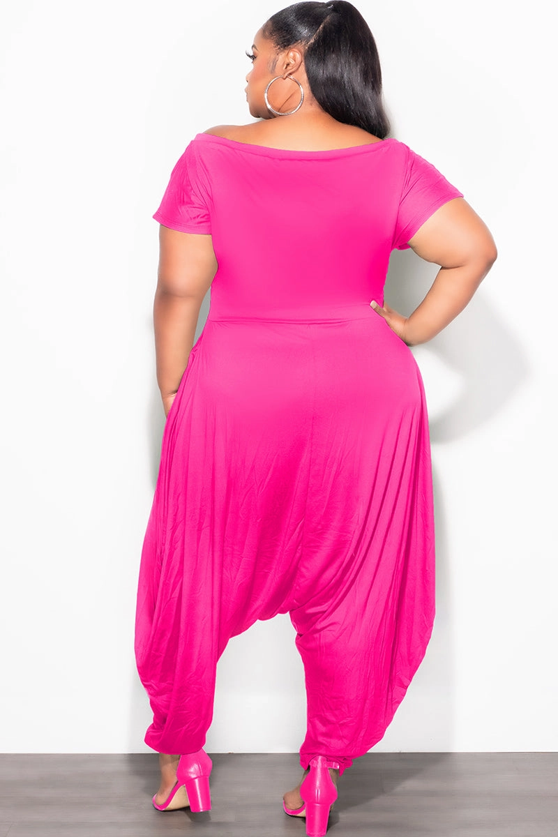 Final Sale Plus Size Harem Jumpsuit in Fuchsia MultiPocket RipstopFabric