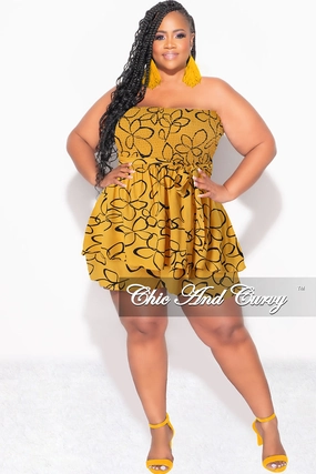 Durable Stitching Relaxed Wearable Final Sale Plus Size Strapless Romper in Yellow & Black Print