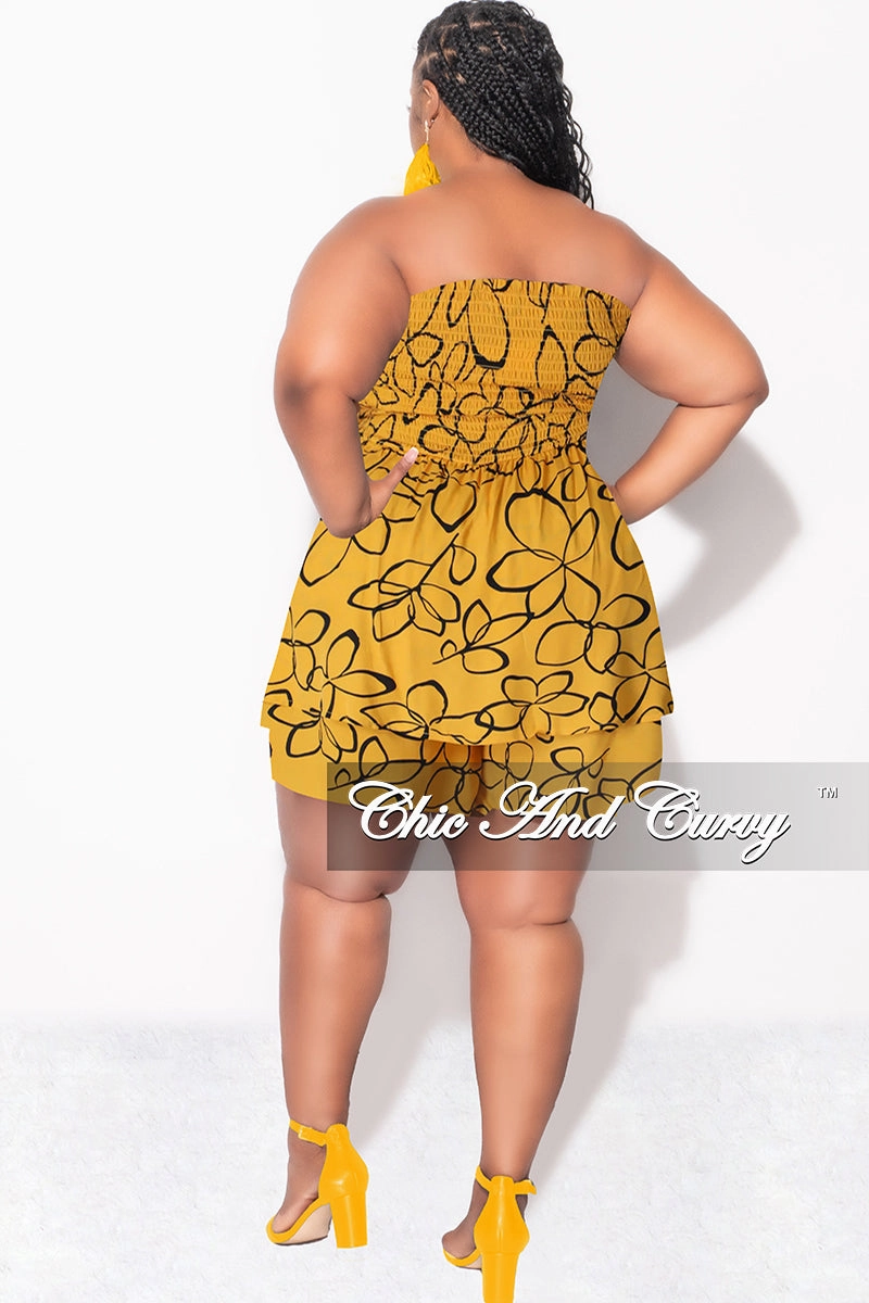 Final Sale Plus Size Strapless Romper in Yellow & Black Print WaterRepellent DurableReinforcedMaterial
