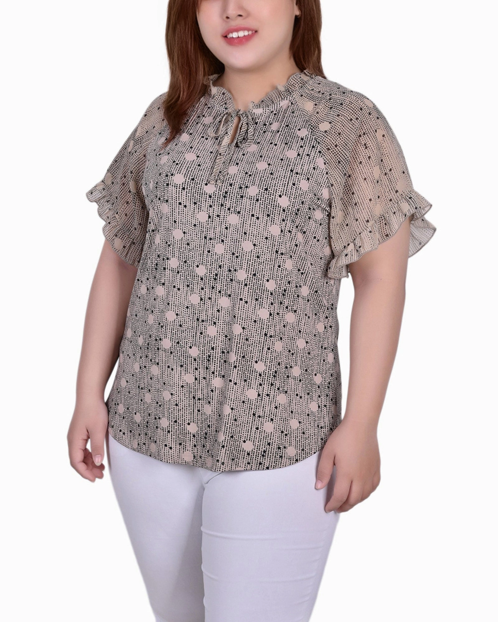 Flexible Shoulder Gusset Unstructured Silhouette Plus Size Short Ruffled Sleeve Crepe Knit Top With Chiffon Sleeves