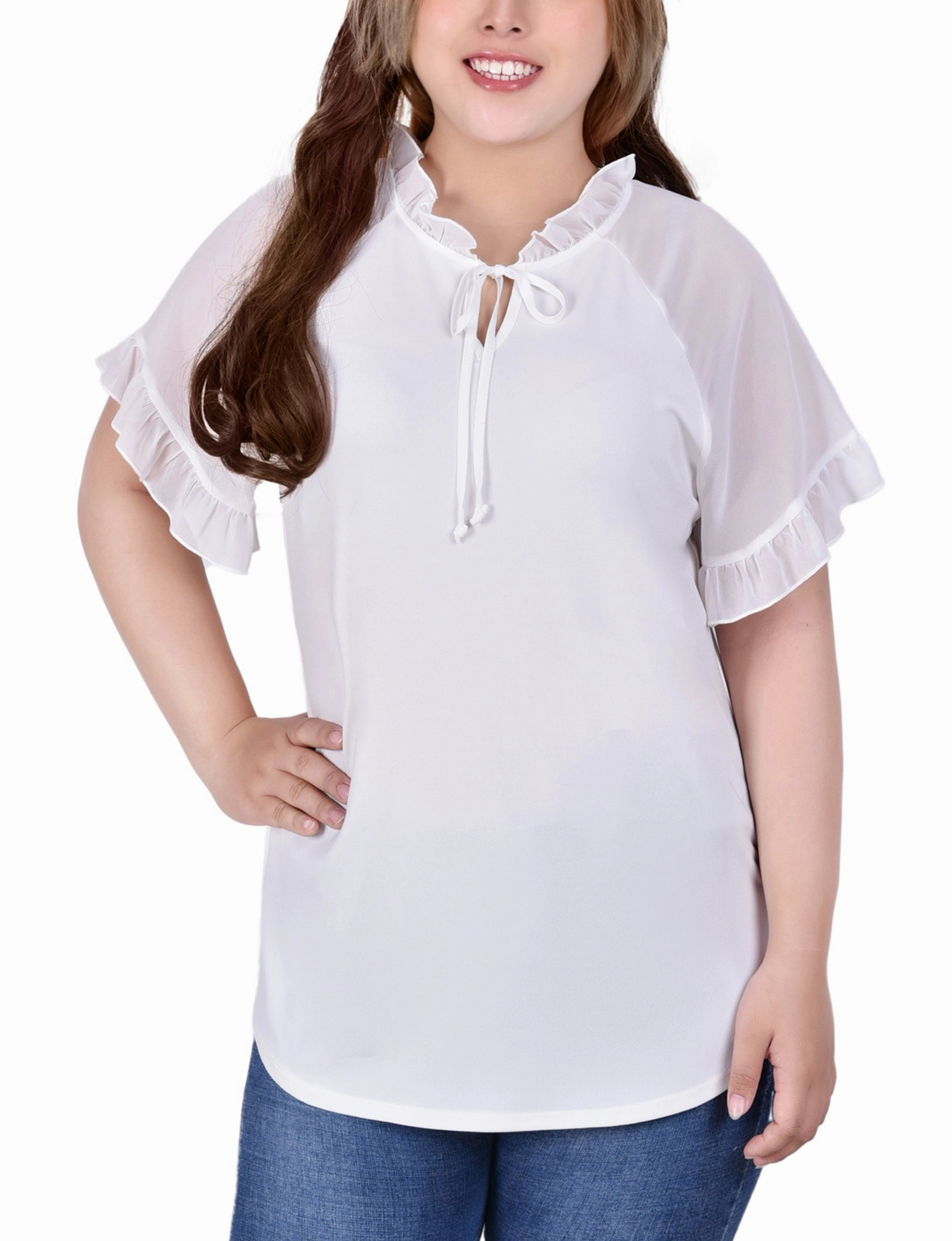 DurableBlend Tencel Blend Fabric Plus Size Short Ruffled Sleeve Crepe Knit Top With Chiffon Sleeves