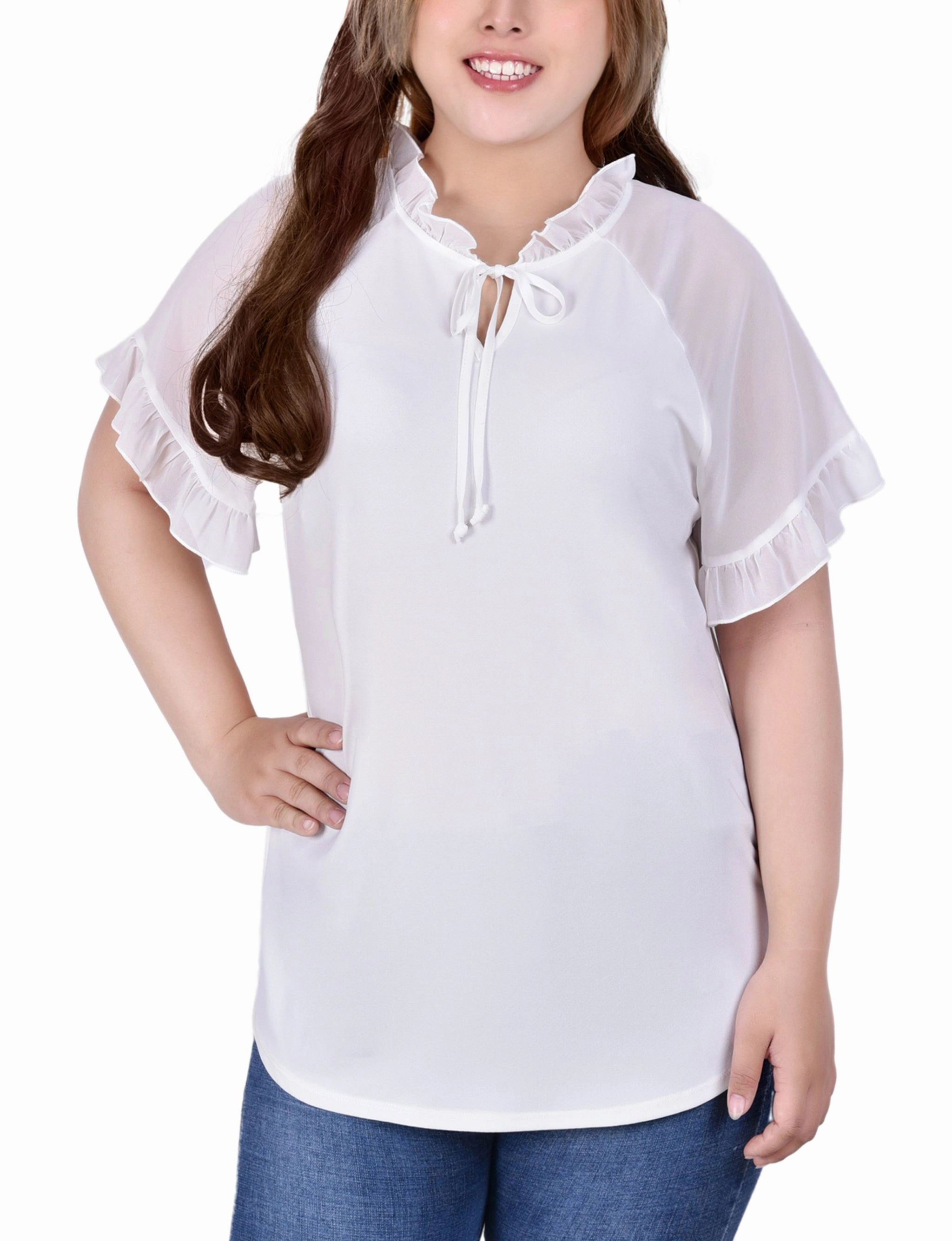 Plus Size Short Ruffled Sleeve Crepe Knit Top With Chiffon Sleeves Lightweight Layering Option