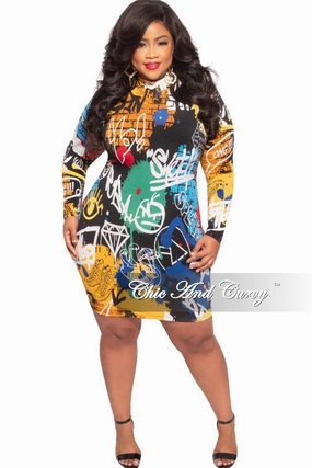 Final Sale Plus Size Mini BodyCon Dress in Graffiti Print Perfectly Relaxed Stretch waistband