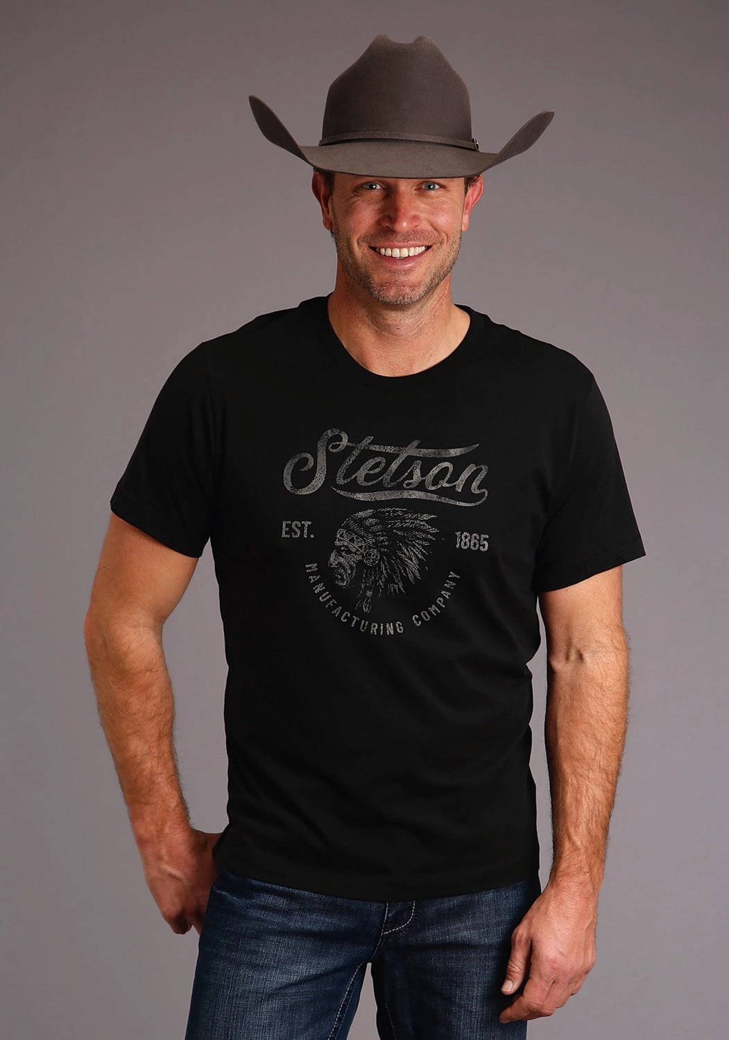 Trendy Design Embroidered Detail Stetson Mens Black 100% Cotton Indian Head S/S T-Shirt